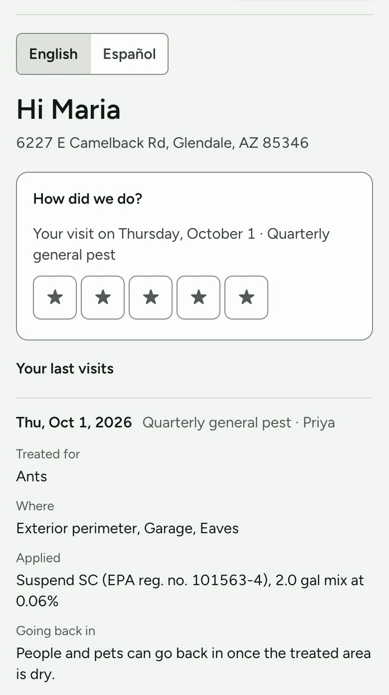 A customer’s own page on a phone: Hi Maria, her address, a How did we do? row of five stars, and Your last visits with what was treated, where, with which product and when people and pets can go back in.