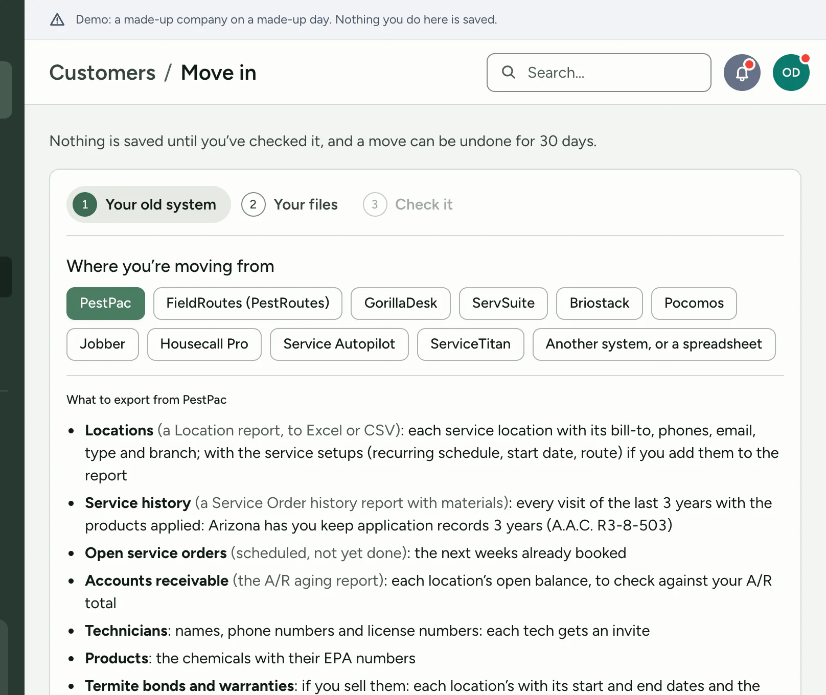 The Move in page of the office website. Step one is Where you’re moving from, with a row of buttons for PestPac, FieldRoutes, GorillaDesk, ServSuite, Briostack, Pocomos, Jobber, Housecall Pro, Service Autopilot, ServiceTitan and Another system or a spreadsheet. PestPac is selected, and below it a list says what to export from PestPac.