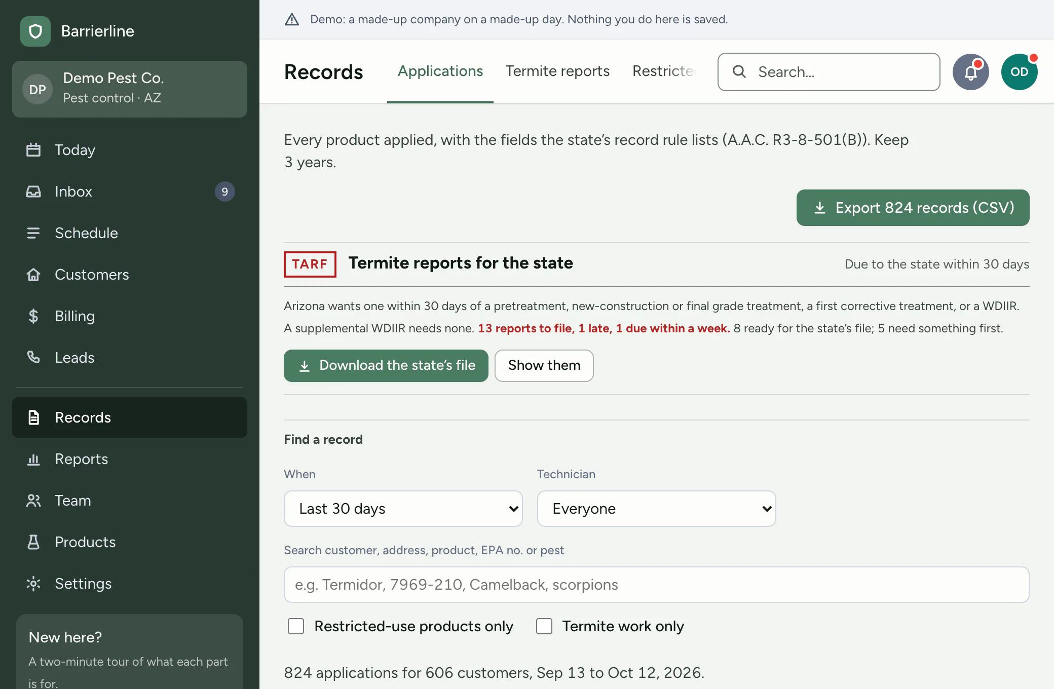 The Records page of the office website, with an Export 824 records (CSV) button. A box reads Termite reports for the state (TARF): 13 reports to file, 1 late, 1 due within a week, 8 ready for the state’s file and 5 that need something first, with a Download the state’s file button and a Show them button. Below it are the filters (when, which technician, a search box, restricted-use products only, termite work only) and the count: 824 applications for 606 customers in the last 30 days.