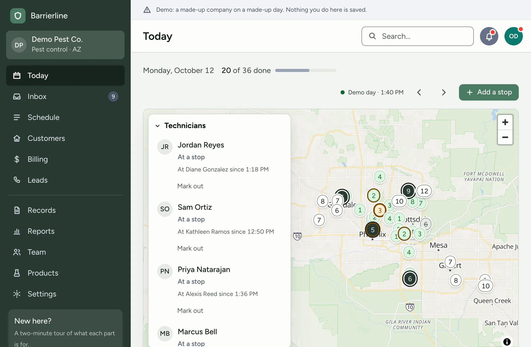 The office demo’s Today screen: 20 of 36 stops done, a map of the Phoenix area with each stop as a numbered pin, and a Technicians panel saying where each tech is, such as Jordan Reyes at a stop since 1:18 PM.