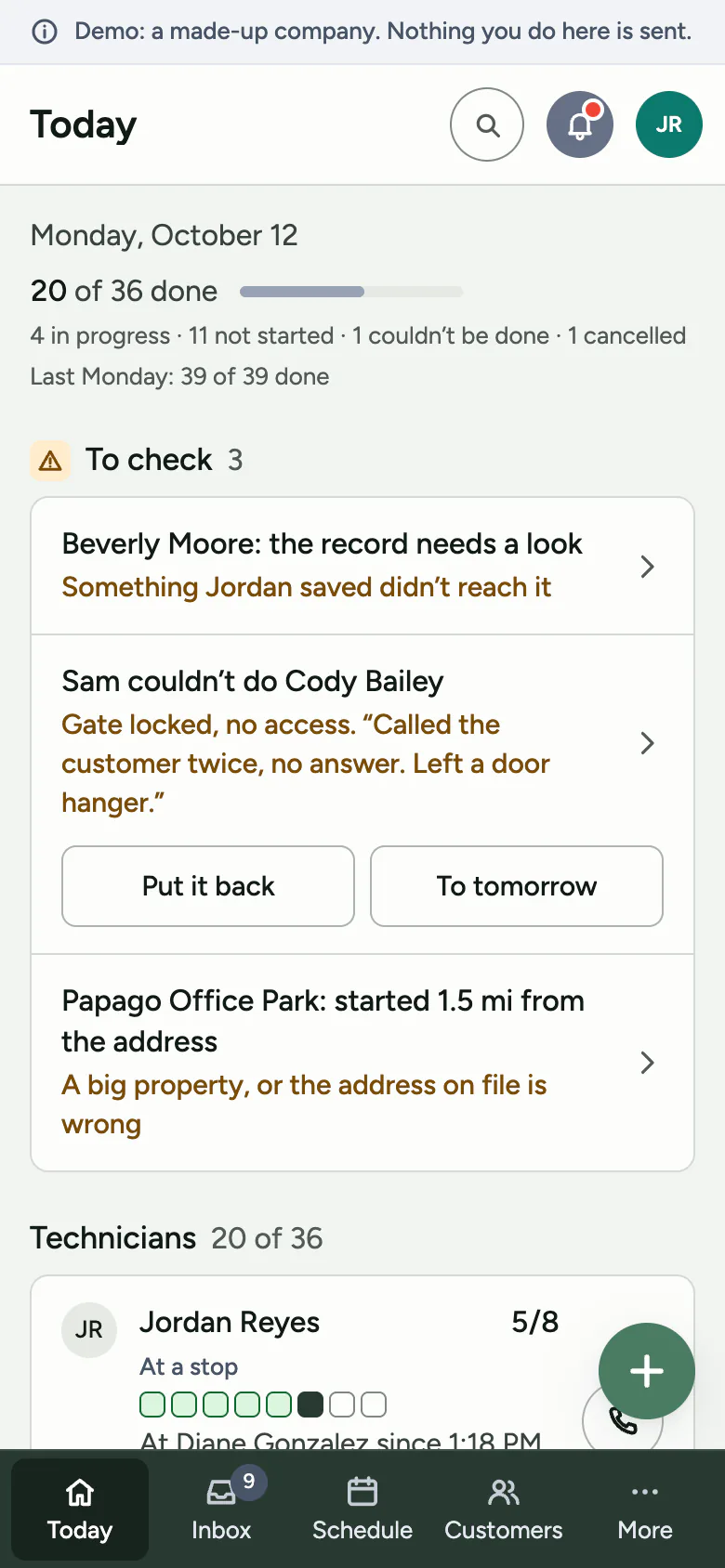 The owner’s phone app, Today: 20 of 36 stops done, a To check list (a record that needs a look, a stop a tech couldn’t do with Put it back and To tomorrow buttons, a stop started 1.5 miles from the address), and each tech’s progress.