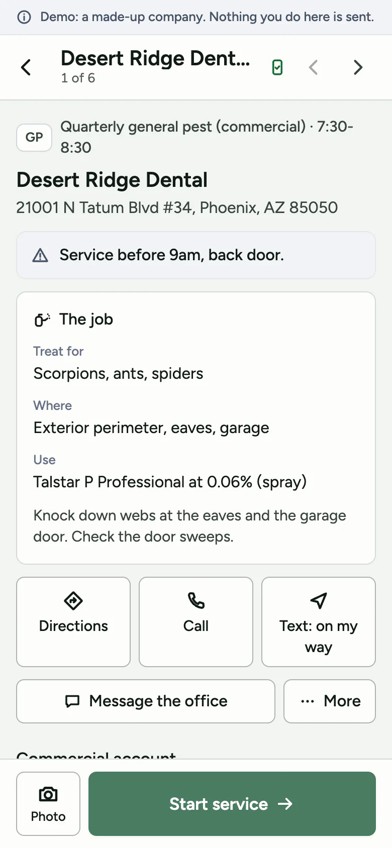 A stop on the tech’s phone, for a dental office in the demo: the job sheet showing what to treat, where and with what, and a Saved mark at the top right.